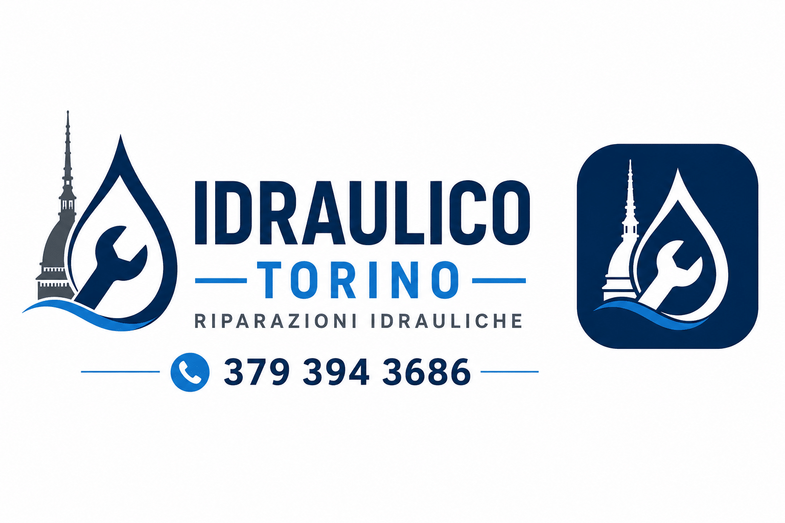 Logo Idraulico Torino con goccia d'acqua, chiave inglese e Mole Antonelliana per servizio di riparazioni idrauliche e pronto intervento H24 a Torino.